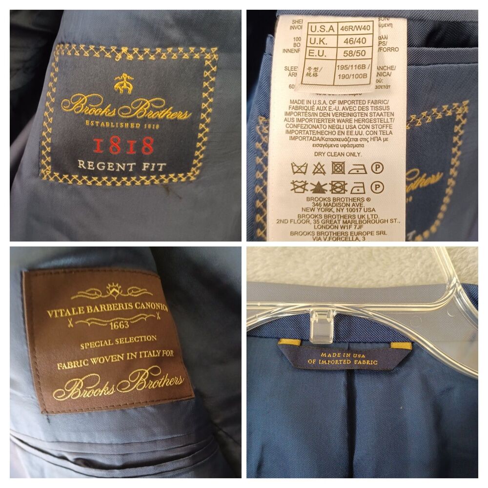 Brooks Brothers 1818 Regent Vitale Barberis Canonico Wool Sport Coat Blue 46R - Picture 7 of 8